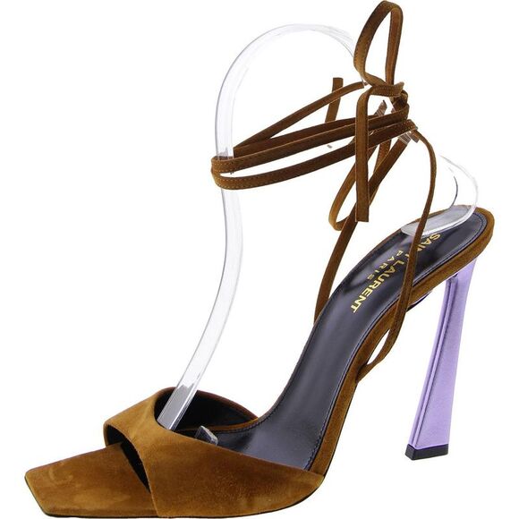 Saint Laurent Womens Brown Suede Ankle Strap Casual Heels Shoes New - Picture 1 of 3